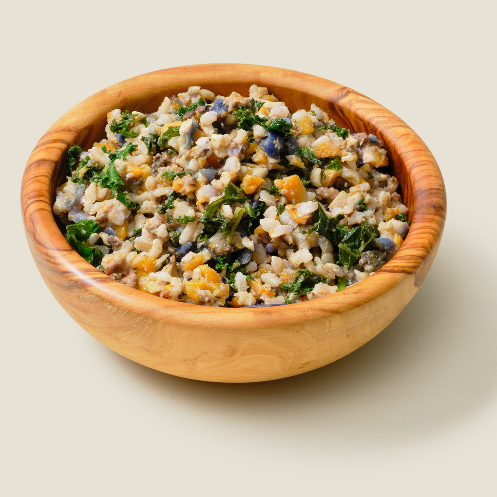 Fresh, cooked organic dog food: Organic Beef Garden Medley with organic beef, butternut squash, brown rice, cabbage, and kale for balanced nutrition in a natural bowl.